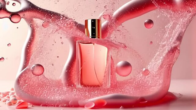 Powdery perfume splash, fragrance bottle, scent explosion. Aromatic essence. Perfume liquid creates wave patterns. Scented splashes enhance visual impact. Fragrance presentation attracts viewers.