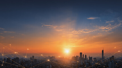 Obraz premium Smart city with connection network reciprocity over the cityscape social media networking systems that connects on the peak of success amid tall, innovative Smart city and graphs with statistics