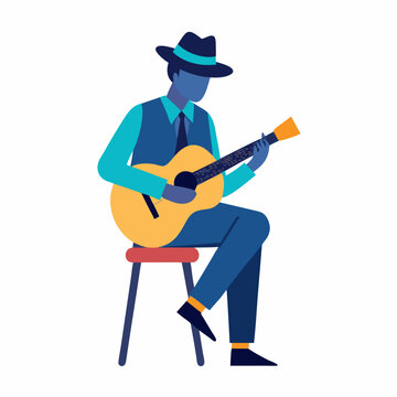 Bluesman in hat sitting on chair and playing the acoustic guitar vector on white background.