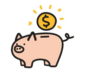 Cartoon Piggy Bank with Gold Coin Cute Pink Vector Illustration Representing Savings and Financial Growth. Banking investment concept. Flat style