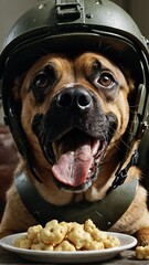 Dog in Military Tank Costume with Helmet on Field