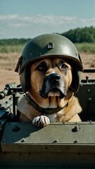 Dog in Military Tank Costume with Helmet on Field