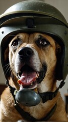 Dog in Military Tank Costume with Helmet on Field