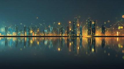 Fototapeta premium Smart city with connection network reciprocity over the cityscape social media networking systems that connects on the peak of success amid tall, innovative Smart city and graphs with statistics