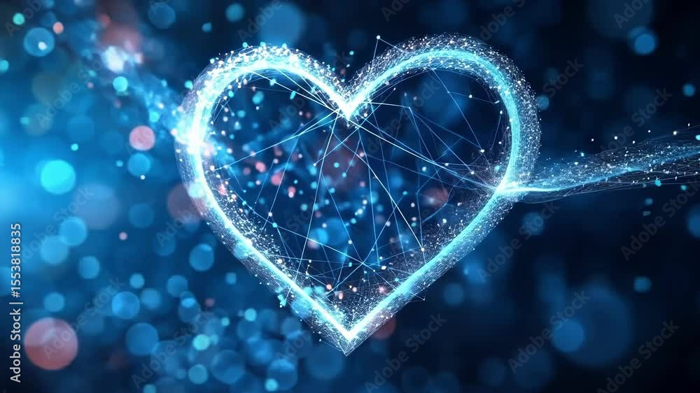 Aufkleber bright blue heart shape made of connected dots and lines is floating on a dark blue bokeh background