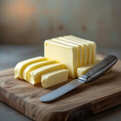 Fresh butter slices on a wooden cutting board with a butter knife  ready for spreading