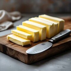 Fresh butter slices on a wooden cutting board with a butter knife  ready for spreading