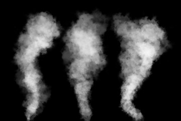Set texture cold mist or hot vapor isolated on a black background. white smoke steam spray, and abstract vapor water. concept of fog effect, and cloud for design air pollution, element smog