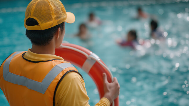 Lifeguard supervising children at a swimming pool with lifebuoy