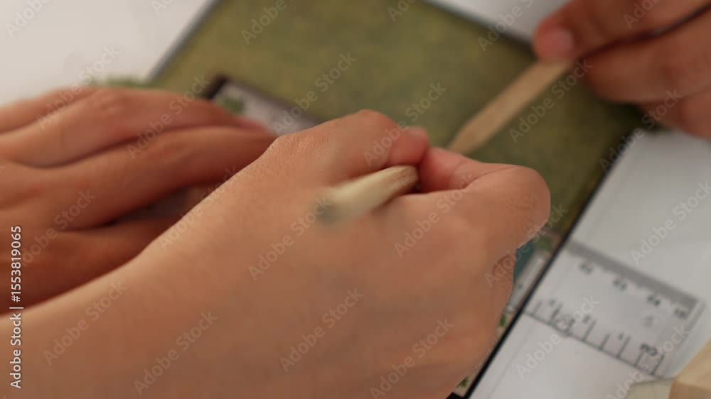 Aufkleber a video of architect using ruler and pencil to measure blueprint scale. designer designing house con