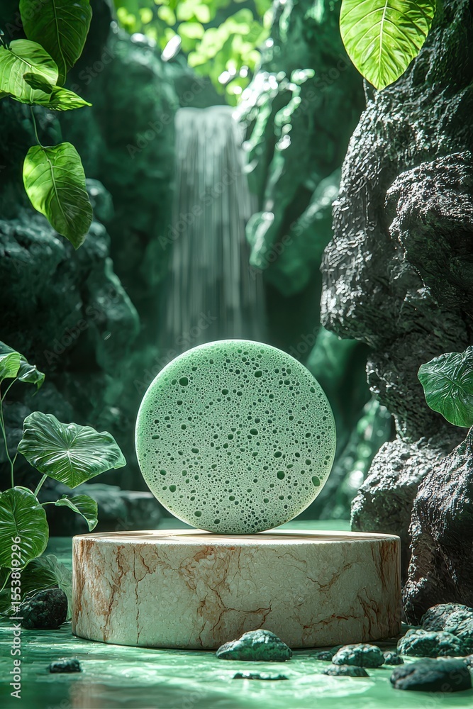 Poster green nature foreground with circular object and beautiful cascading waterfall