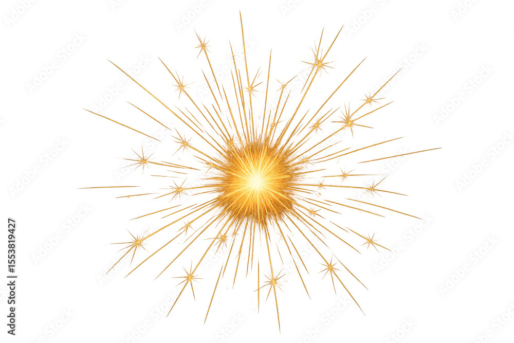 Poster bright golden firework exploding creating a star shape, with sparks and light rays on a transparent 