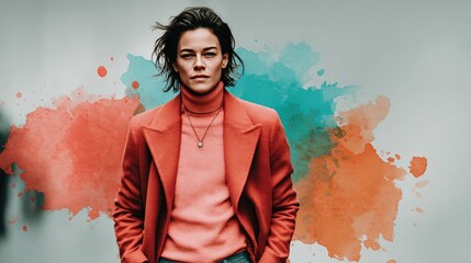 Stylish Portrait of Person in Red Overcoat Against Colorful Artistic Splash Background