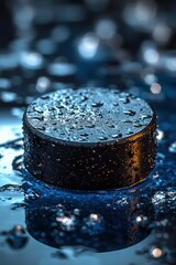 Black hockey puck on a wet surface with dramatic blue lighting