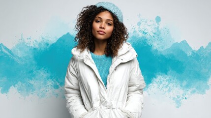 Confident Woman in Winter Attire Against Artistic Blue Background: Fashion and Style