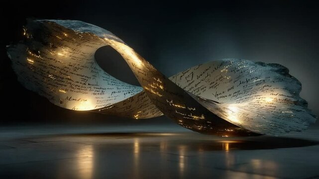 Abstract Infinity Mobius Strip Sculpture with Golden Accents, Metallic Texture and Dark Background