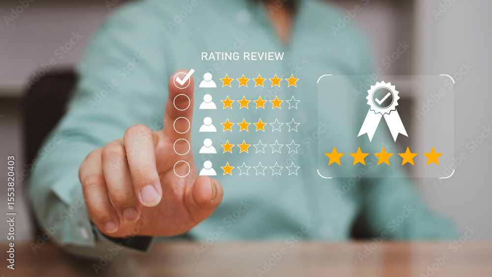 Poster customer satisfaction rating and digital review interface, a business professional interacts with a 