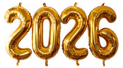 Gold foil balloons spelling out 2026, isolated on transparent background, perfect for new years and celebratory designs