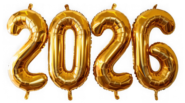 Gold foil balloons spelling out 2026, isolated on transparent background, perfect for new years and celebratory designs