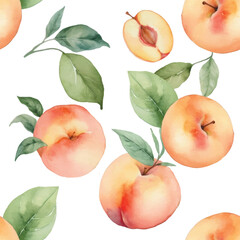  Seamless Watercolor Peaches and Leaves Vector Pattern.