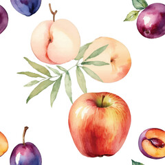 Seamless Watercolor Fruits Pattern: Apple, Peach, Plum.
