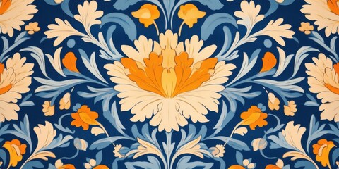 Ornate floral pattern with blue white orange botanical design