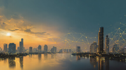 Naklejka premium Smart city with connection network reciprocity over the cityscape social media networking systems that connects on the peak of success amid tall, innovative Smart city and graphs with statistics