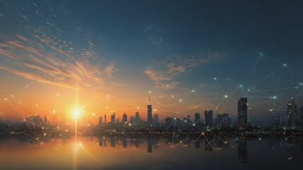 Naklejka premium Smart city with connection network reciprocity over the cityscape social media networking systems that connects on the peak of success amid tall, innovative Smart city and graphs with statistics