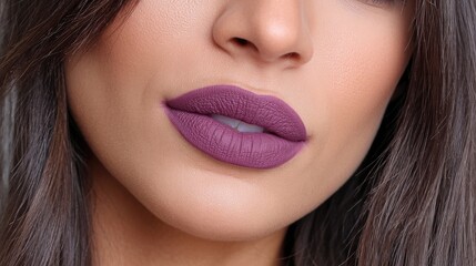 Fototapeta premium Close-Up of Woman's Face with Purple Matte Lipstick Highlighting Makeup Trends