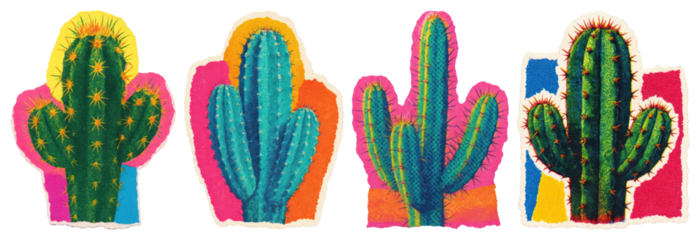 PNG Vibrant colorful cactus art, element set on transparent background