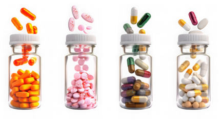 Four glass bottles filled with assorted colorful pills and capsules, isolated on transparent background