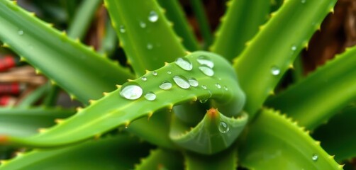 Close-up of aloe vera plant with water droplets on lush green background, juicy, macro