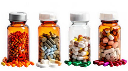 Four bottles filled with a variety of colorful pills and capsules, isolated on transparent background