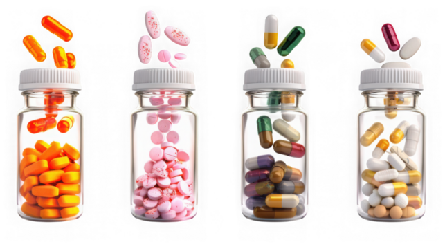Four glass bottles filled with assorted colorful pills and capsules, isolated on transparent background