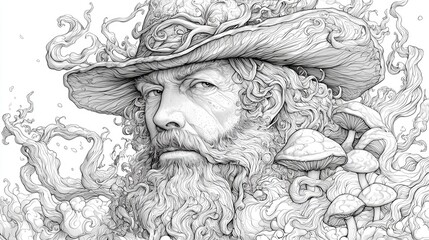 Detailed illustration of a man with a mystical beard and hat.