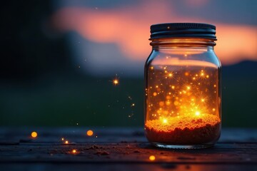 Glass jar fills with glowing fireflies at dusk, insects, dusk, night