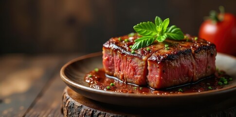 Juicy picanha steak with crispy espeto crust, served on a pedestal over a rustic wooden table, cutlet, savory, food