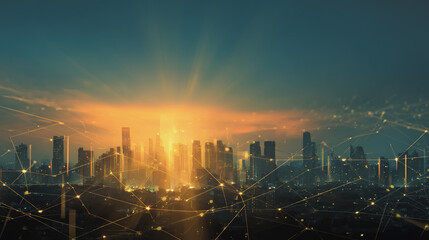 Fototapeta premium Smart city with connection network reciprocity over the cityscape social media networking systems that connects on the peak of success amid tall, innovative Smart city and graphs with statistics to a