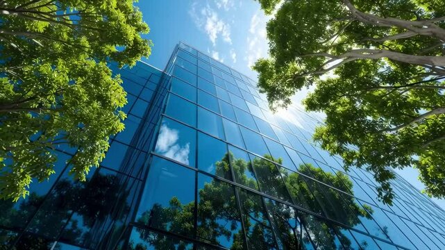 Low angle view of a glass office building under a bright blue sky day