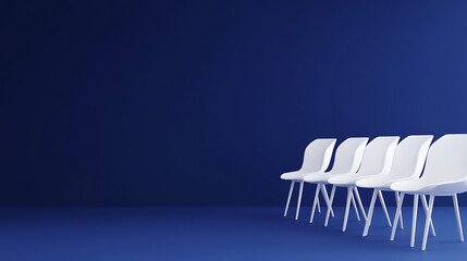 Minimalist meeting space with neat row of seats on a dark blue background, inviting and empty.