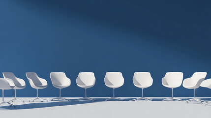 Modern Minimalism: A row of sleek, white chairs in a waiting room setting, set against a bold blue wall create a visually striking and clean aesthetic.