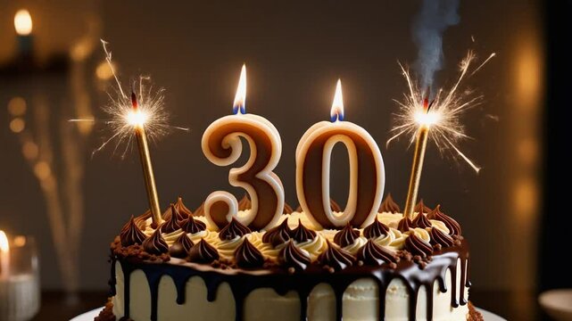 A beautifully decorated birthday cake with "30" candles and sparklers, celebrating a milestone birthday with elegance and joy.	