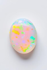 A vibrant opal gemstone, showcasing its iridescent play-of-color against a pure white backdrop, high resolution, collectible