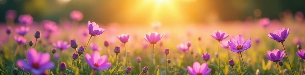 Fototapeta premium Blooming purple flowers radiating vibrant colors in a bright sunny field, outdoors, purple wildflowers, sunlight