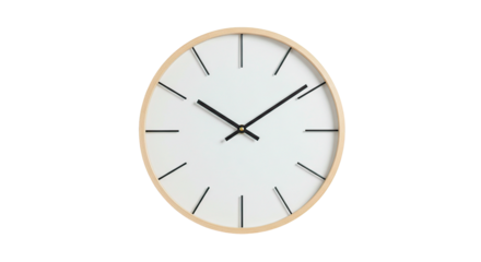 Minimalist round wall clock with a white face and wooden frame.