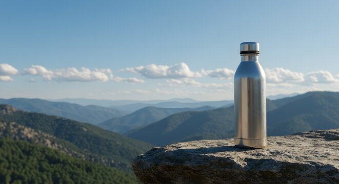 Stainless steel water bottle placed on a large rock overlooking a scenic mountain landscape under natural daylight