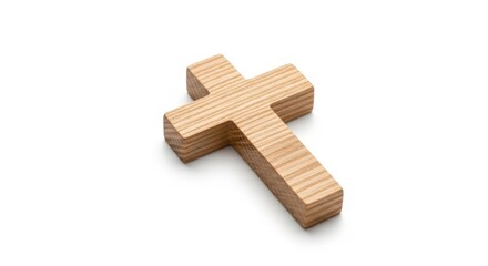 Wooden cross, a symbol of christianity and faith, lies on a white background for funeral, memorial and religious concept.