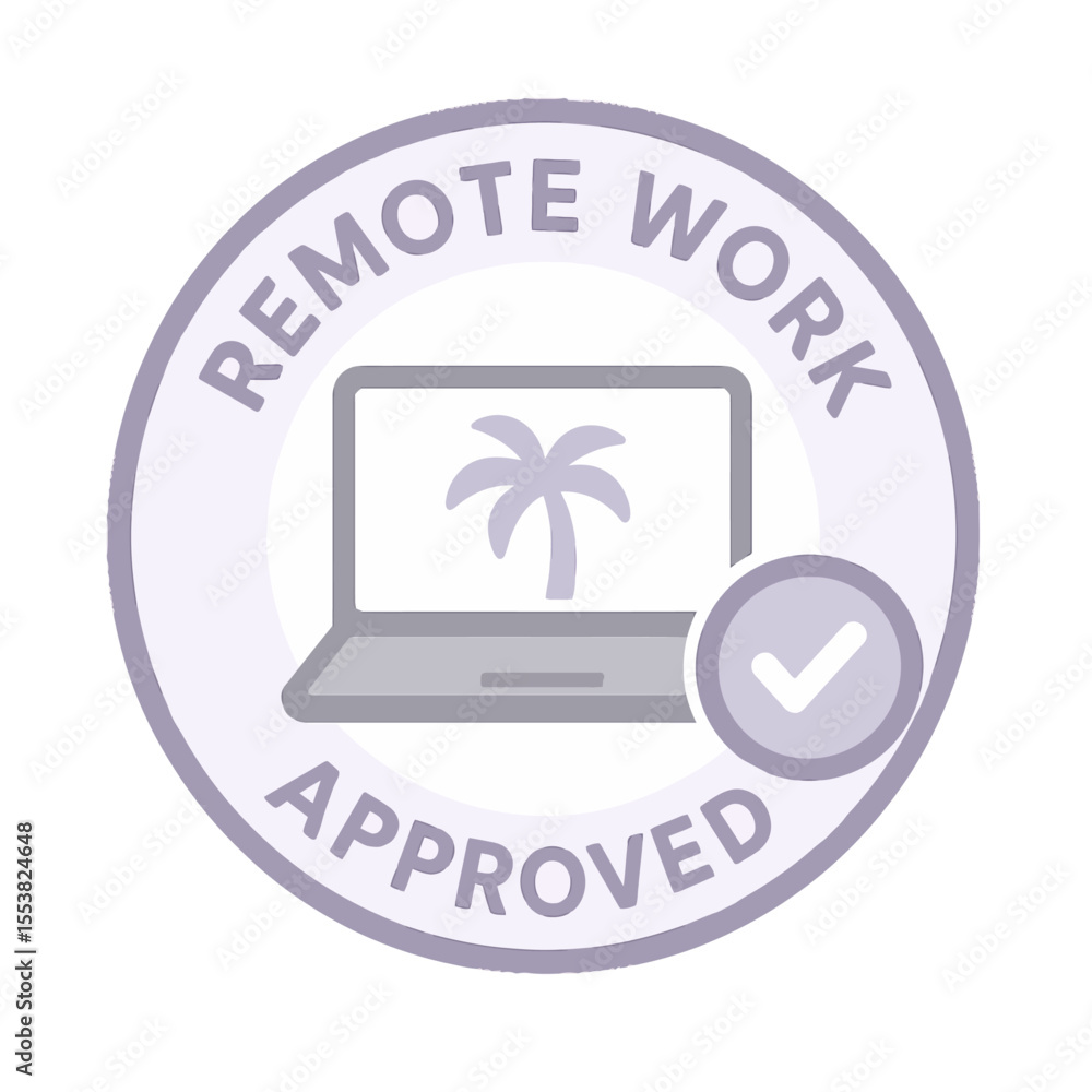 Poster this image shows a badge that approves remote work with a laptop and palm tree icon. modern flat vec