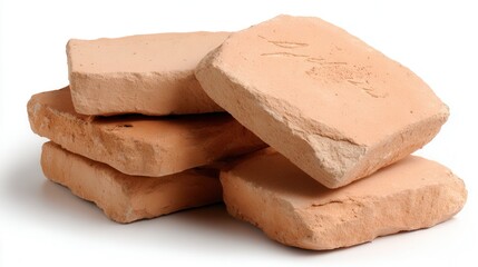 Clay bricks stacked on a white background, showcasing their rough texture and natural color, ideal for use in construction or architecture-themed projects, educational materials, or DIY guides,