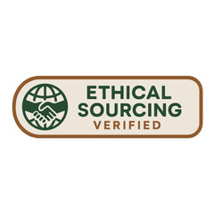 The image shows an ethical sourcing verified badge, promoting sustainable and responsible business practices. Modern flat vector sticker label with icon and badge style, transparent background